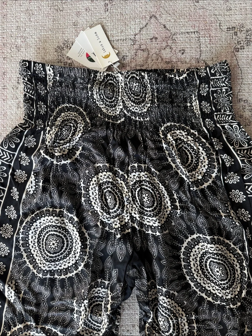 Black & White Mandala Smocked Waist Joggers - Picture 2 of 9